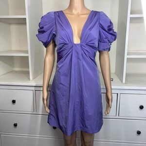 HYACINTH HOUSE Purple Puff Sleeve Plunging Neckline A-Line Dress XS